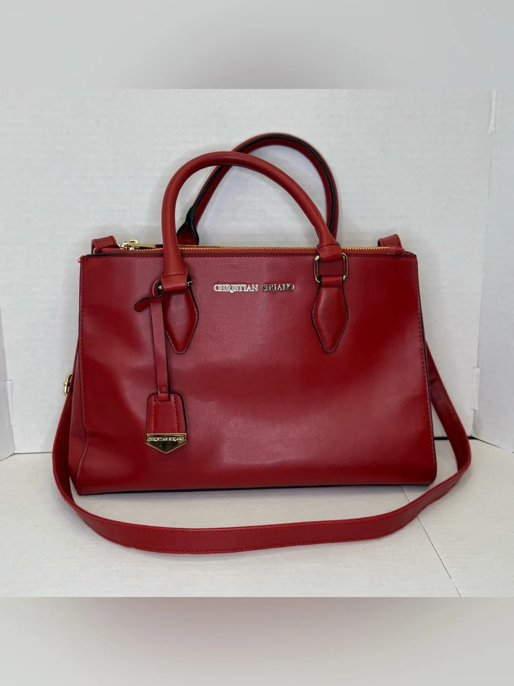 Christian Siriano Red Top-Handle Leather Satchel with Shoulder Strap